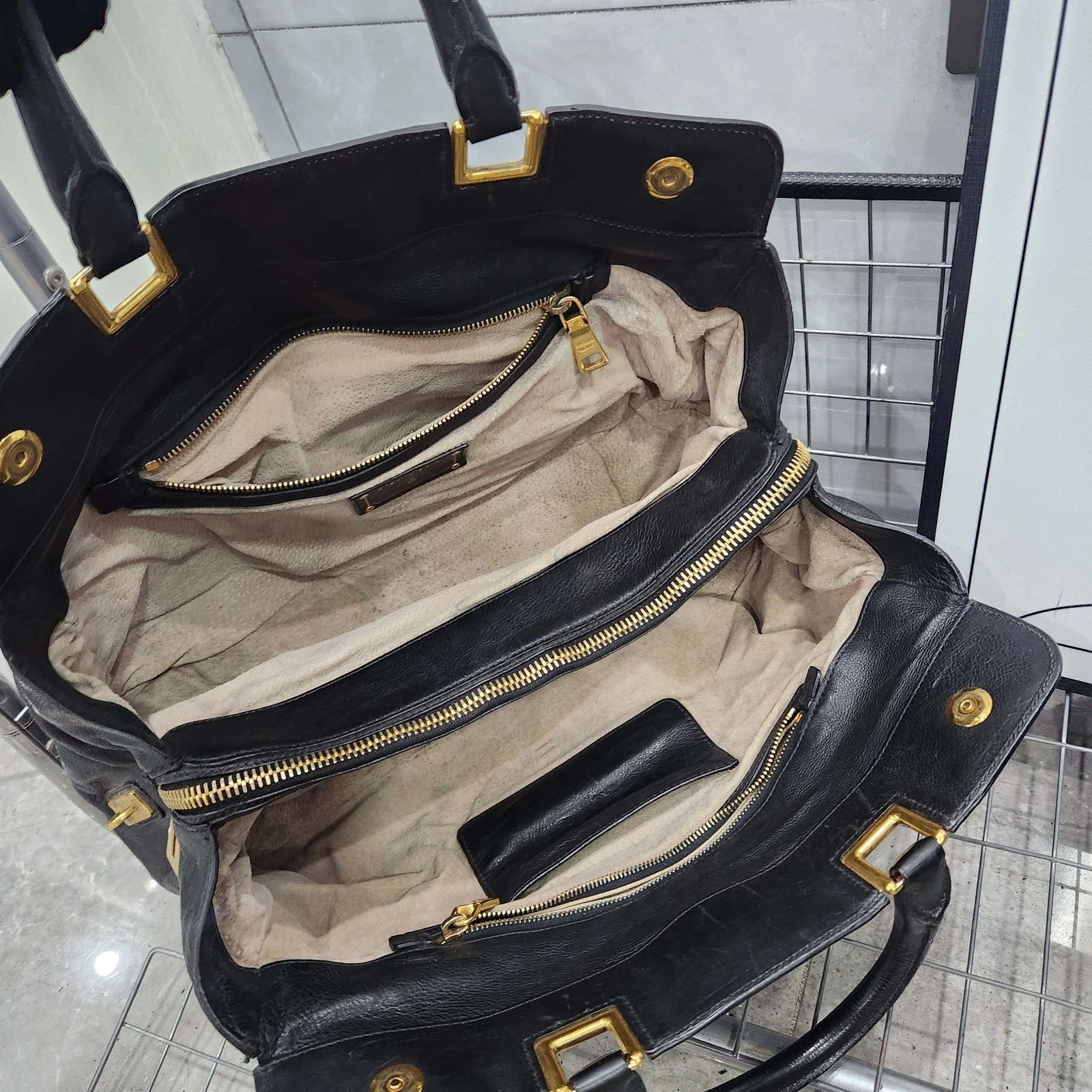 PRADA Black Gold Tote Handbag Shoulder Crossbody For Women
