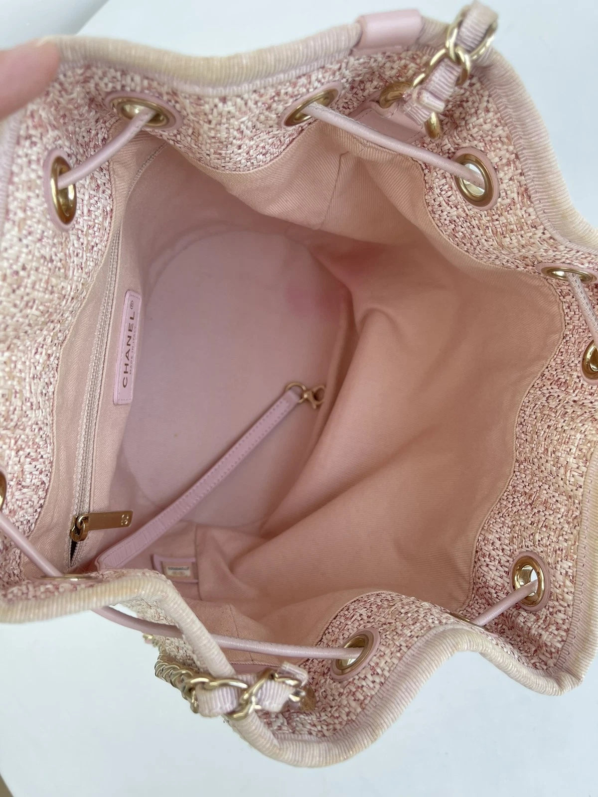 CHANEL Deauville Beach Bag Pink Drawstring Bucket Chain Shoulder Bag Crossbody
