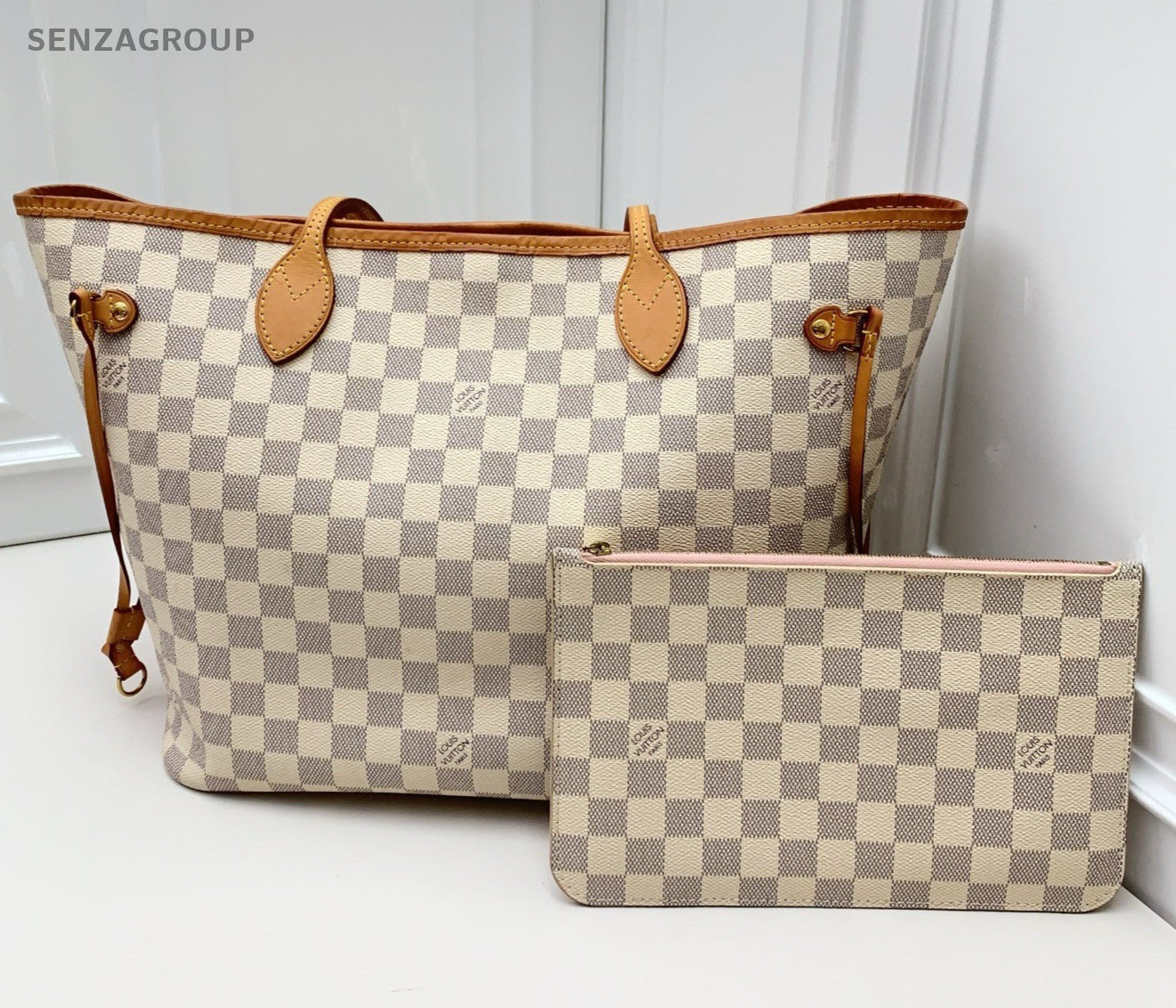 Louis Vuitton Neverfull MM Damier Shoulder Bag White Pink Gold Women Classic