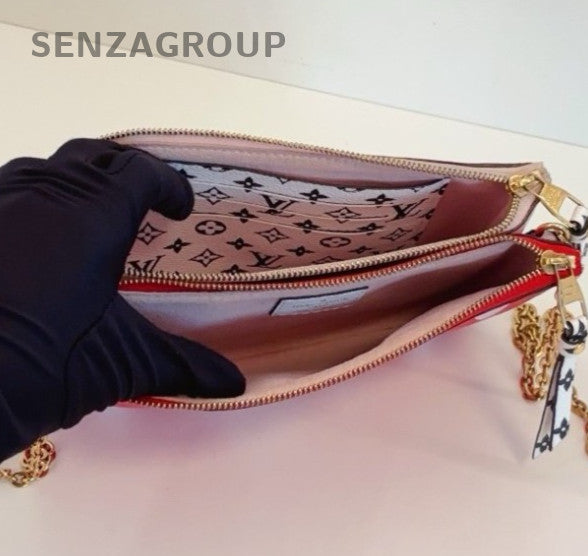 Louis Vuitton Pochette Double Zip Chain Shoulder Bag Red Gold Women Classic