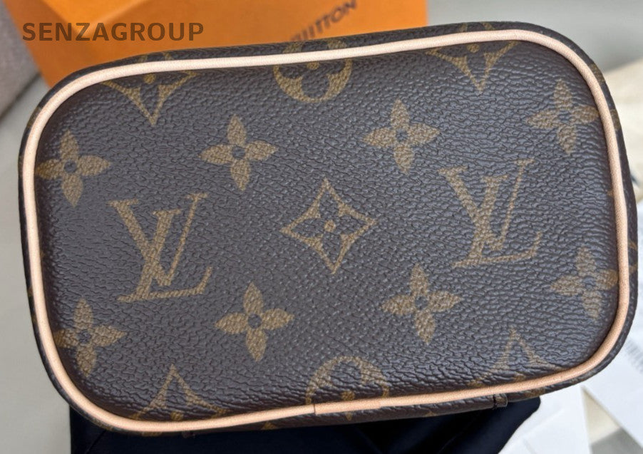 Louis Vuitton Monogram Nice Nano Top Handle Bag Chain Crossbody Brown Women