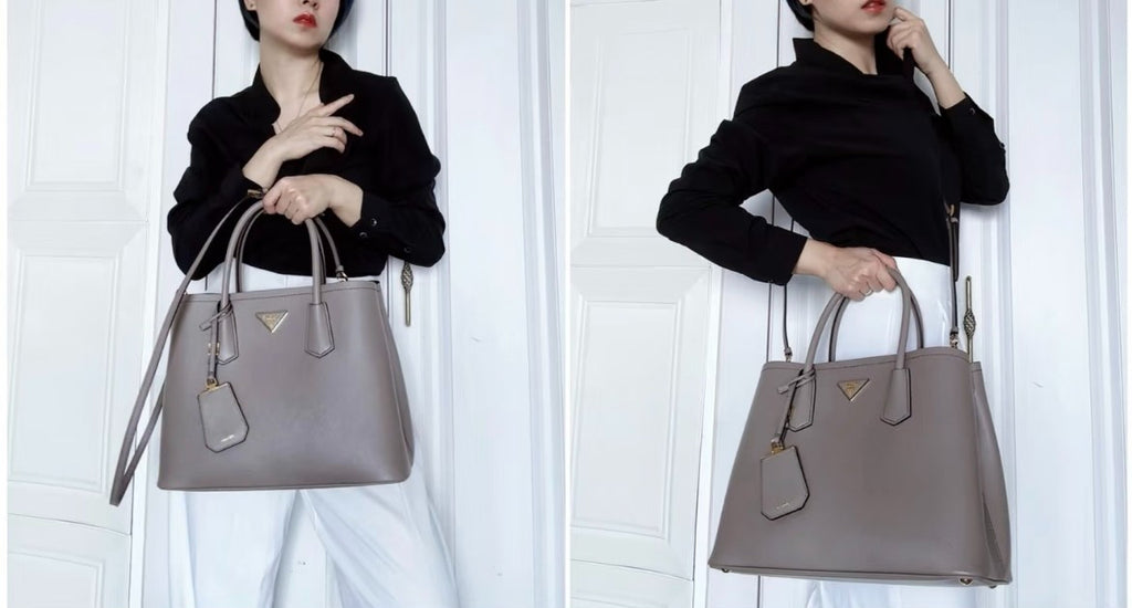 PRADA Double Bag Tote Cross pattern Elephant Gray 2WAY Shoulder Handbag Women