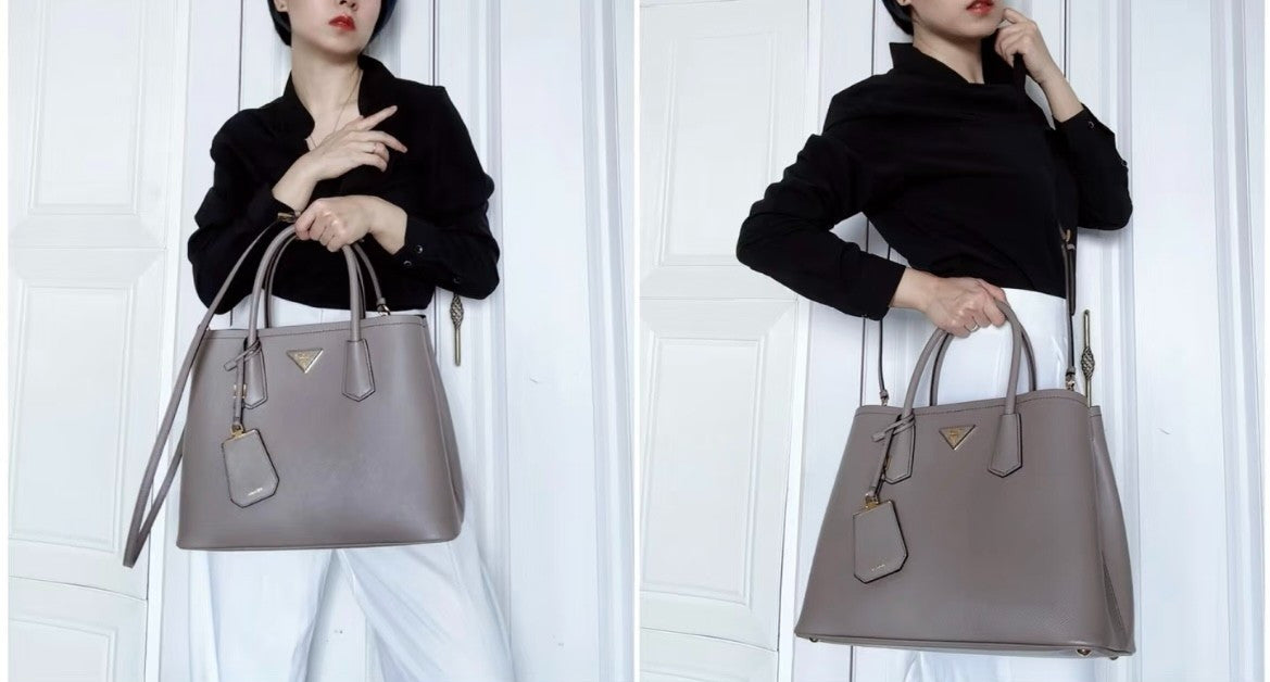 PRADA Double Bag Tote Cross pattern Elephant Gray 2WAY Shoulder Handbag Women