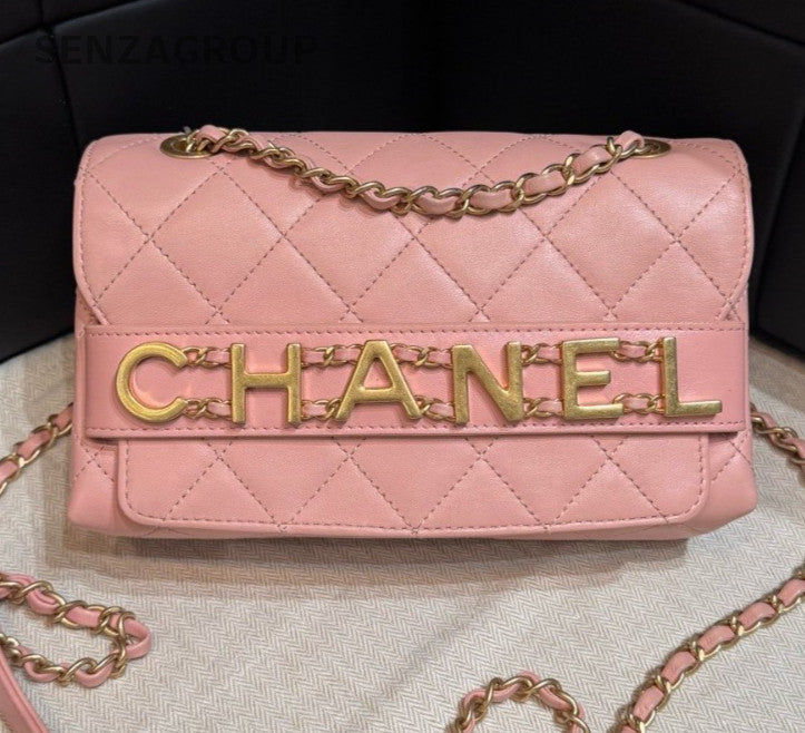 Chanel Calfskin Diamond Chain Shoulder Bag Crossbody Pink Gold Women Classic