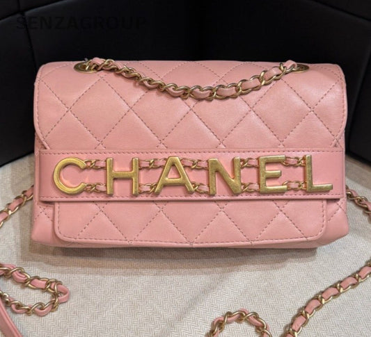 Chanel Calfskin Diamond Chain Shoulder Bag Crossbody Pink Gold Women Classic