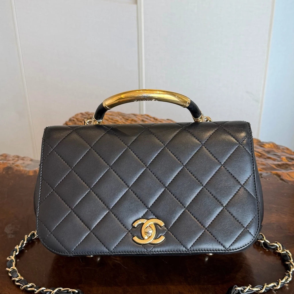 Chanel Diamond Handle Bag Chain Top Handle Crossbody Black Gold Excellent