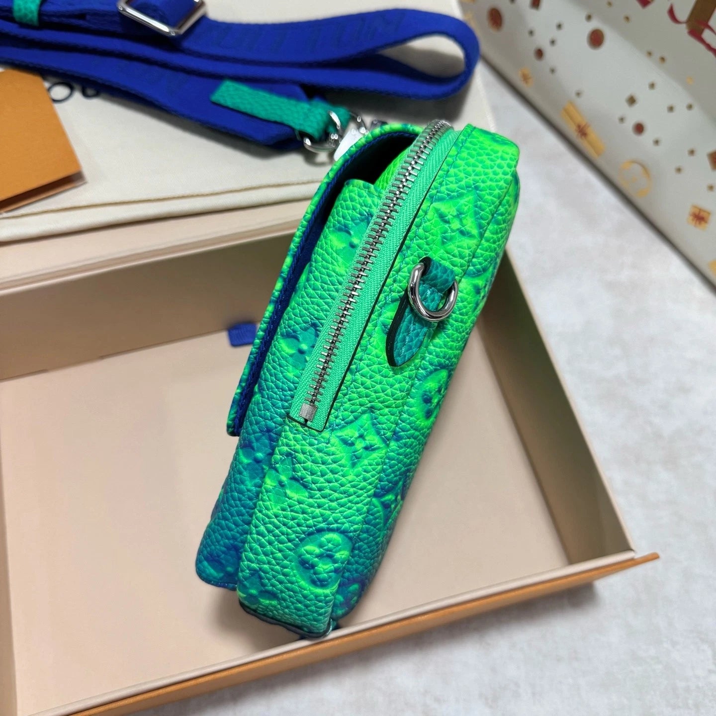 Louis Vuitton Taurillon Illusion Double Phone Flap Pouch Green Crossbody