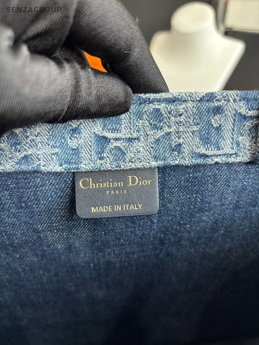 Christian Dior Book Tote MM Denim Oblique Top Handle Shoulder Bag Women Blue
