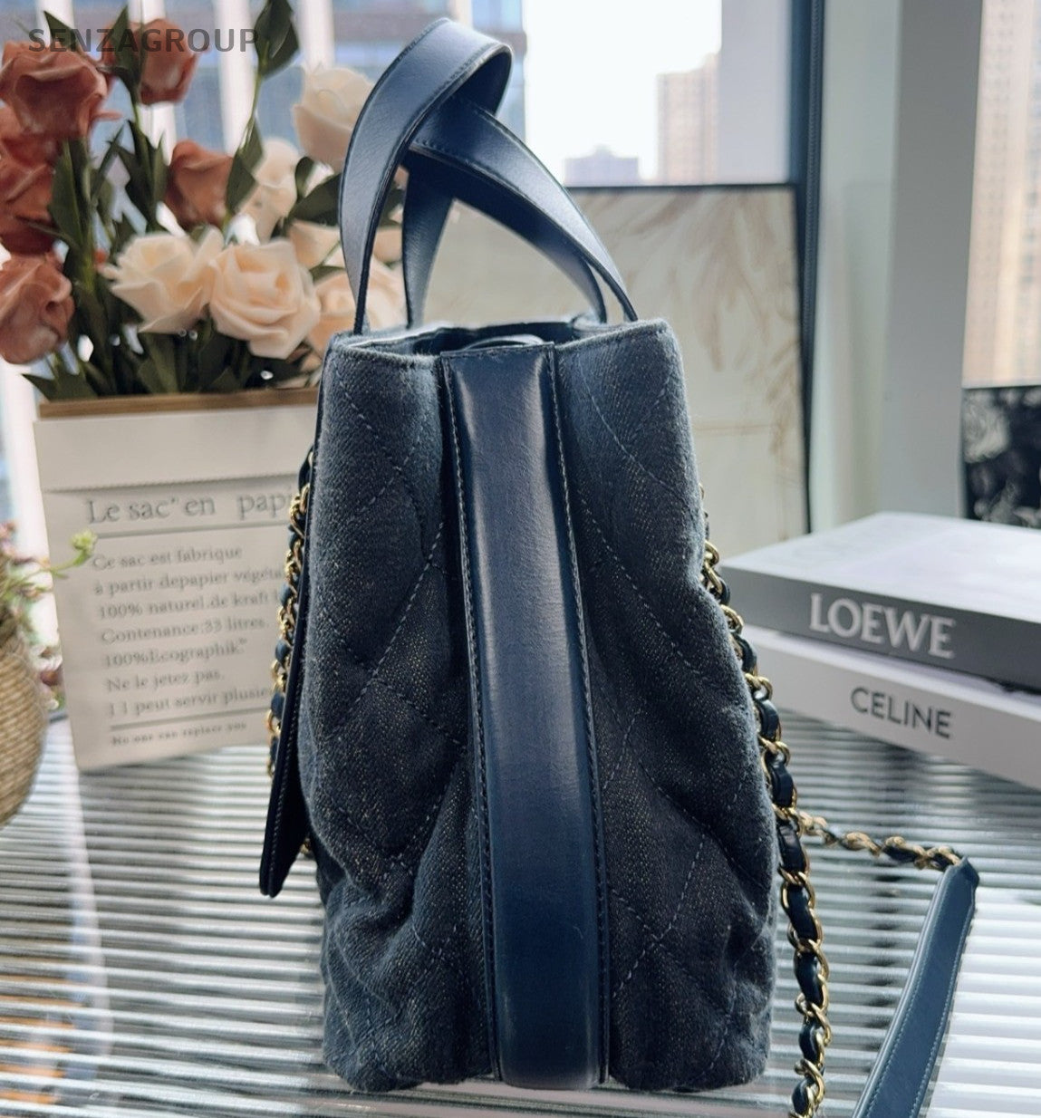 Chanel Denim Tote Handbag Chain Shoulder Bag Blue Gold Women Classic