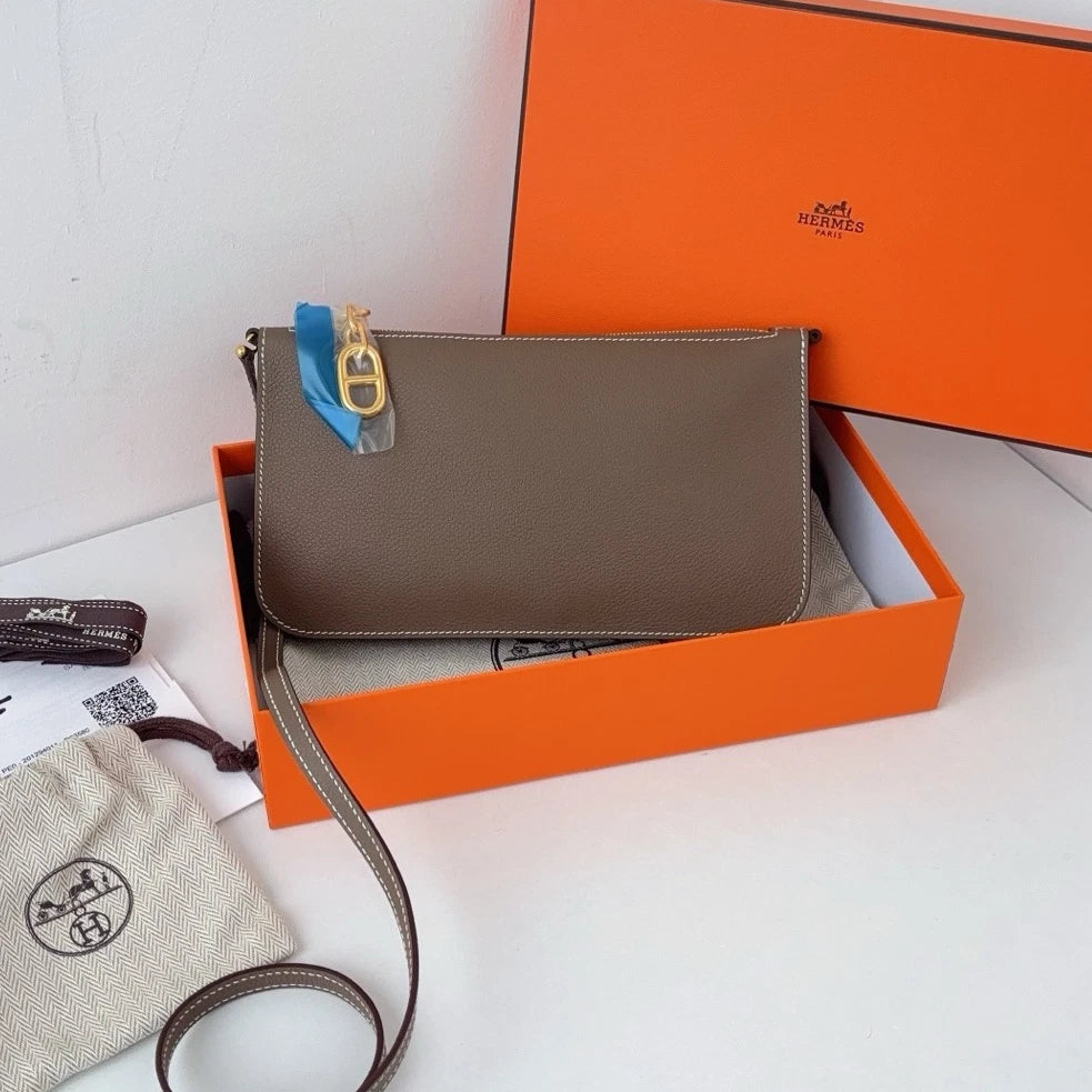 Excellent Hermes Zipengo To GO 2Way Handbag Shoulder Bag Gray Gold Hardware
