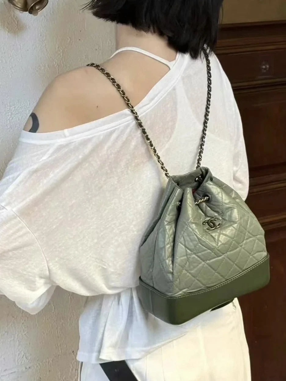 Chanel Gabrielle PM Calfskin Backpack Green Silver Diamond Women Classic