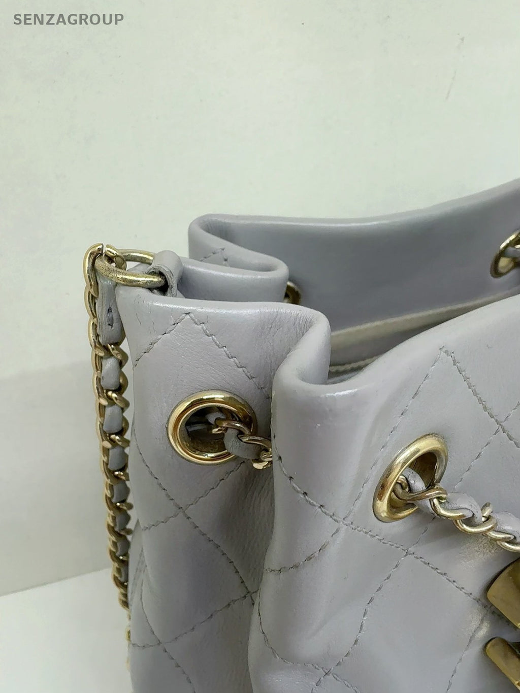 CHANEL Bucket Drawstring Calfskin Chain Shoulder bag Crossbody Gray Gold Women