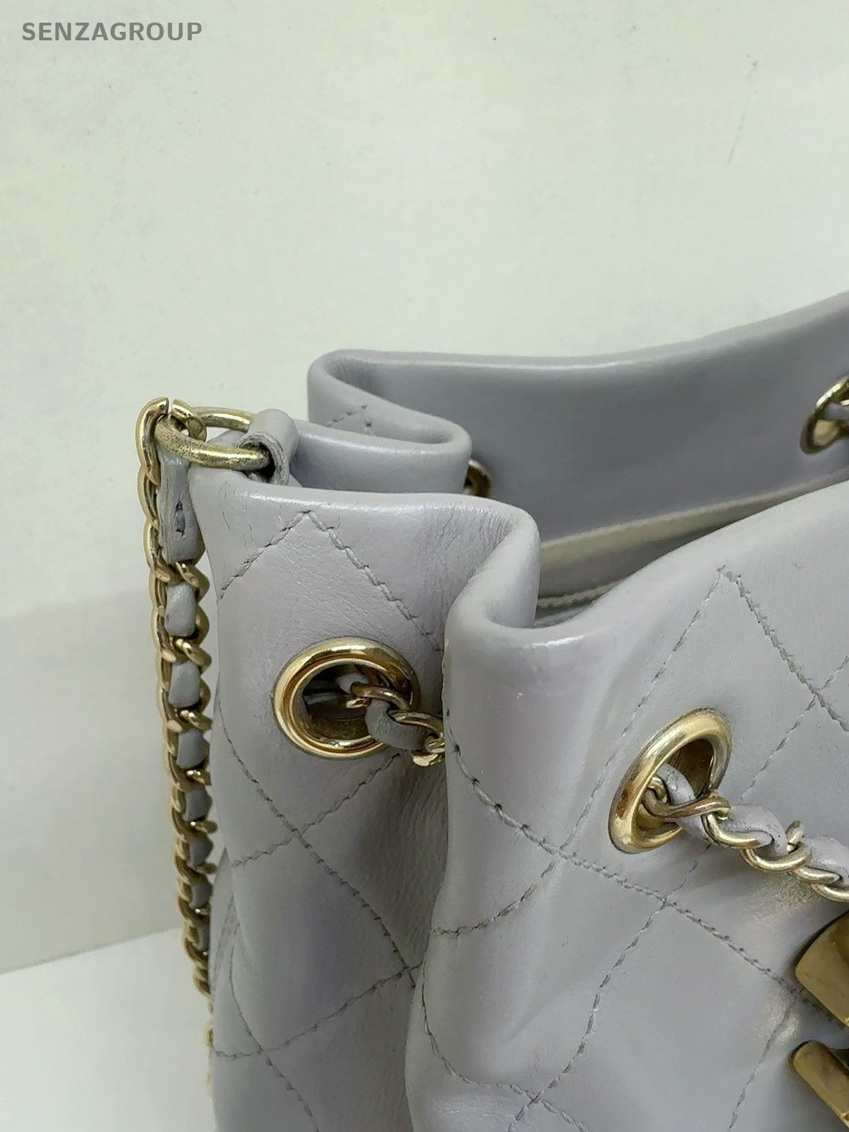 CHANEL Bucket Drawstring Calfskin Chain Shoulder bag Crossbody Gray Gold Women