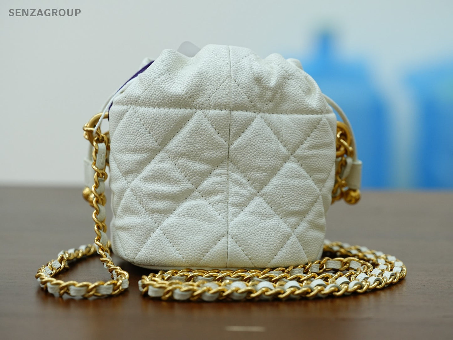 CHANEL Caviar CC Bucket mini Chain Shoulder bag Women White Gold Drawstring