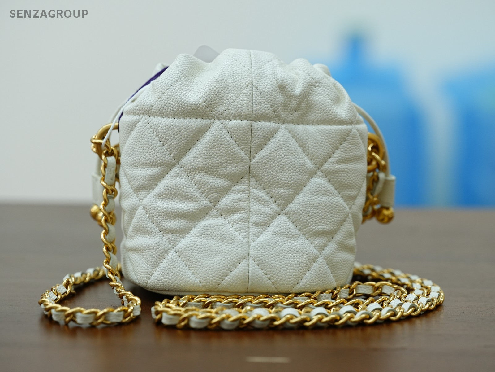 CHANEL Caviar CC Bucket mini Chain Shoulder bag Women White Gold Drawstring