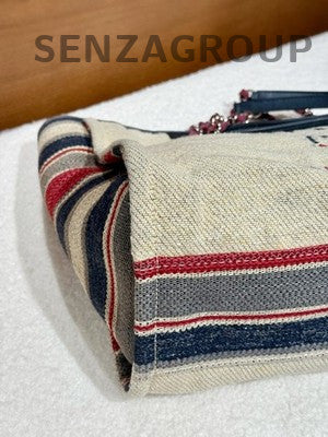 Chanel Beige Striped Tote Beach Bag Chain Strap Shoulder Bag Women