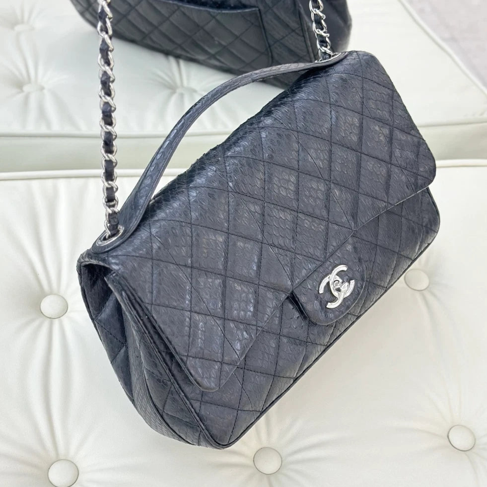 Chanel Classic Flap Jumbo Chain Crossbody Top Handle Bag Black Silver Women
