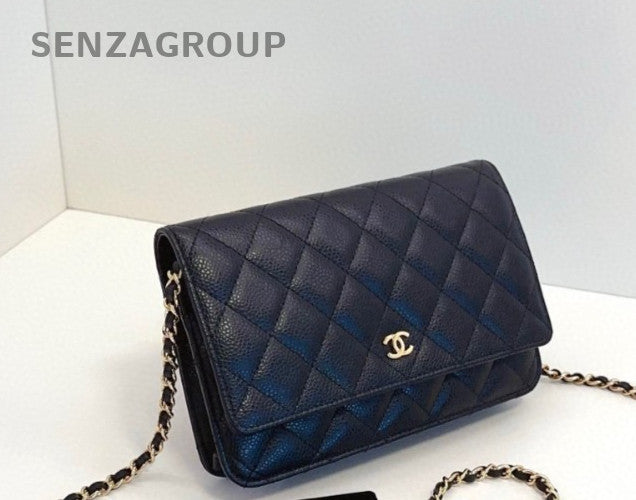 Chanel WOC Chain Shoulder Bag Crossbody Black Gold Used Women Classic Diamond