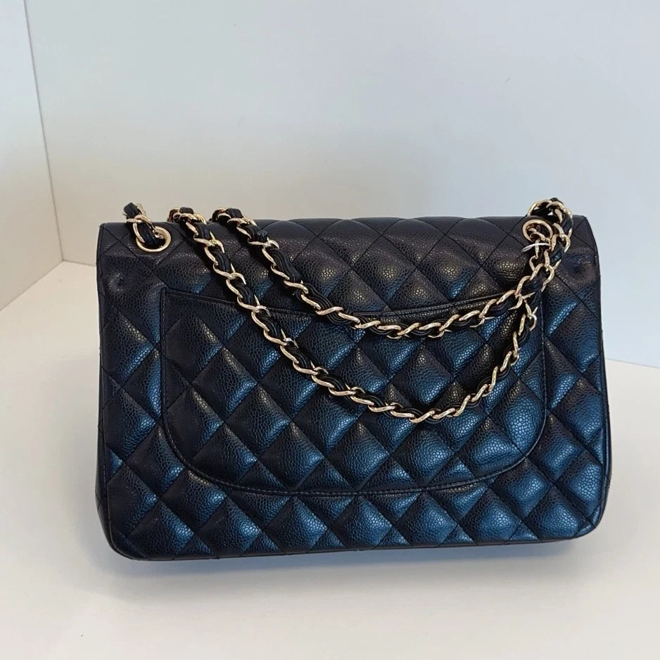 Chanel Classic Flap Jumbo Chain Shoulder Crossbody Black Gold Women Diamond