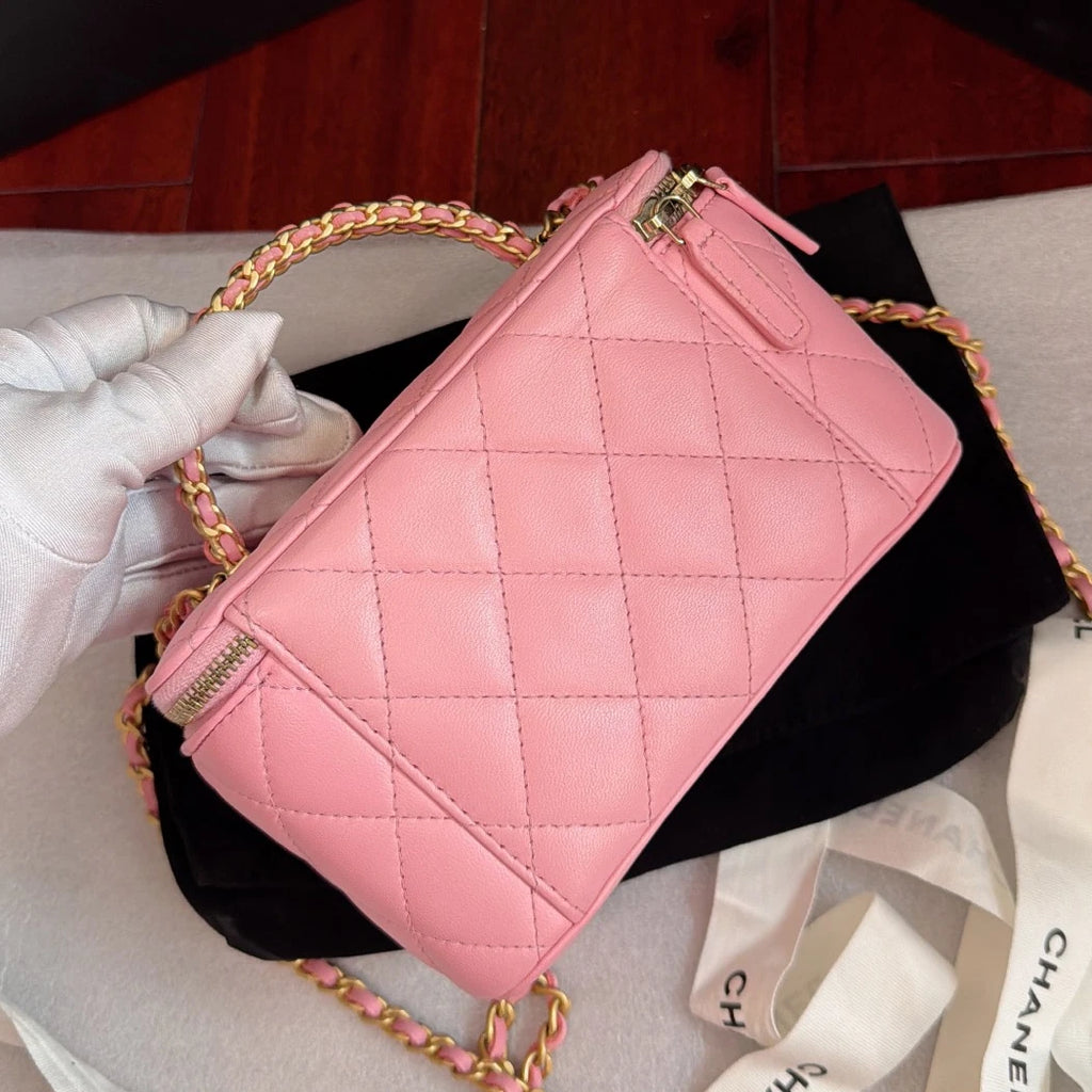 Chanel Vanity Case Diamond Chain Crossbody Top Handle Bag Pink Gold Women