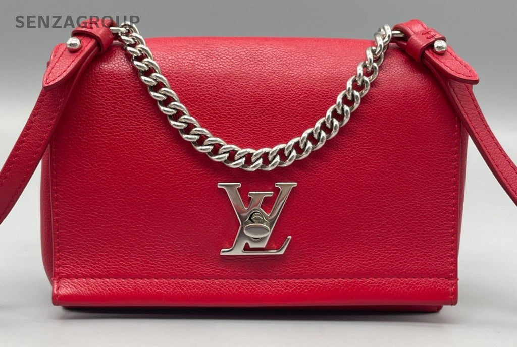 Louis Vuitton Lock Me Calfskin Top Handle Bag Crossbody Red Silver Women Classic