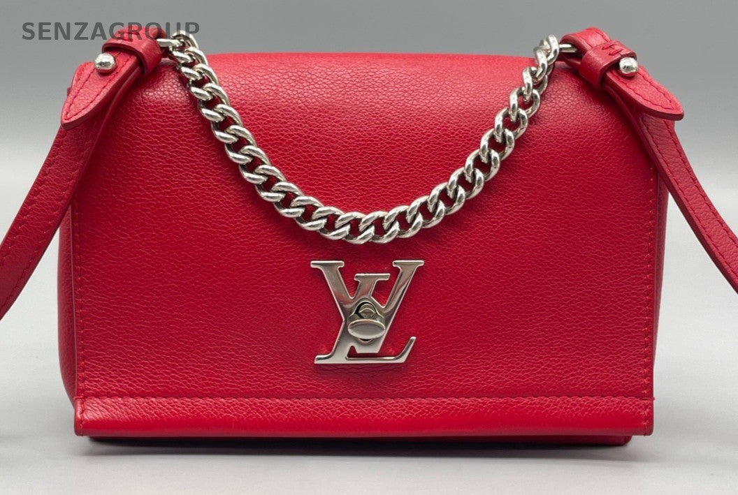 Louis Vuitton Lock Me Calfskin Top Handle Bag Crossbody Red Silver Women Classic