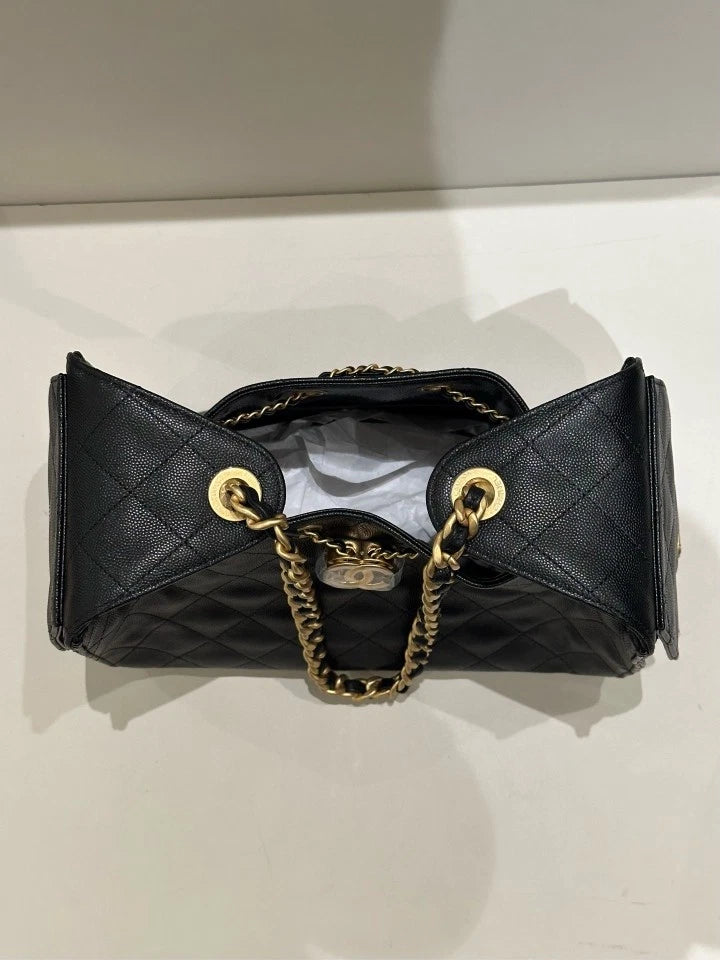 CHANEL 25bag Small Black Gold Tote Shoulder Bag For Women