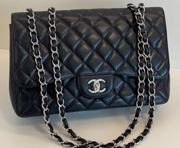 Chanel Classic Flap Jumbo Chain Shoulder Bag Black Silver Women Diamond Designer