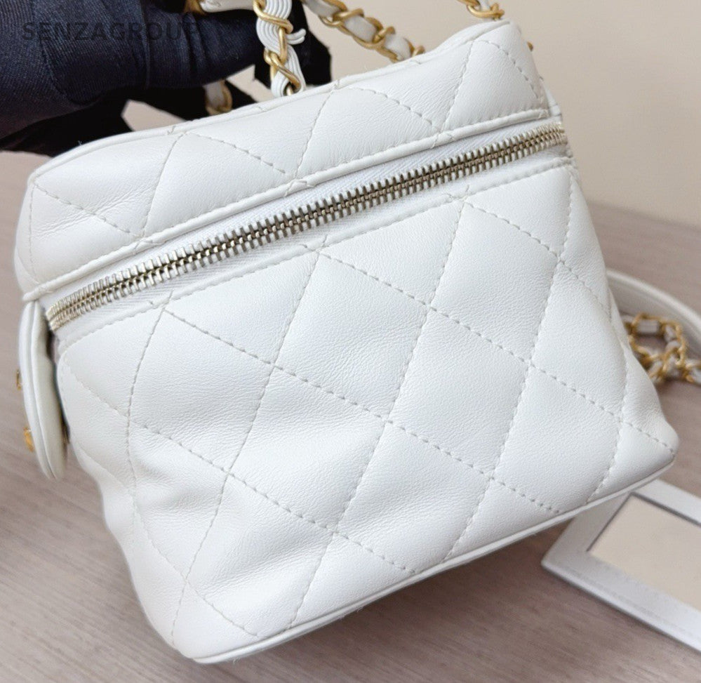 Chanel Diamond Chain Box Shoulder Bag Crossbody White Gold Women Classic