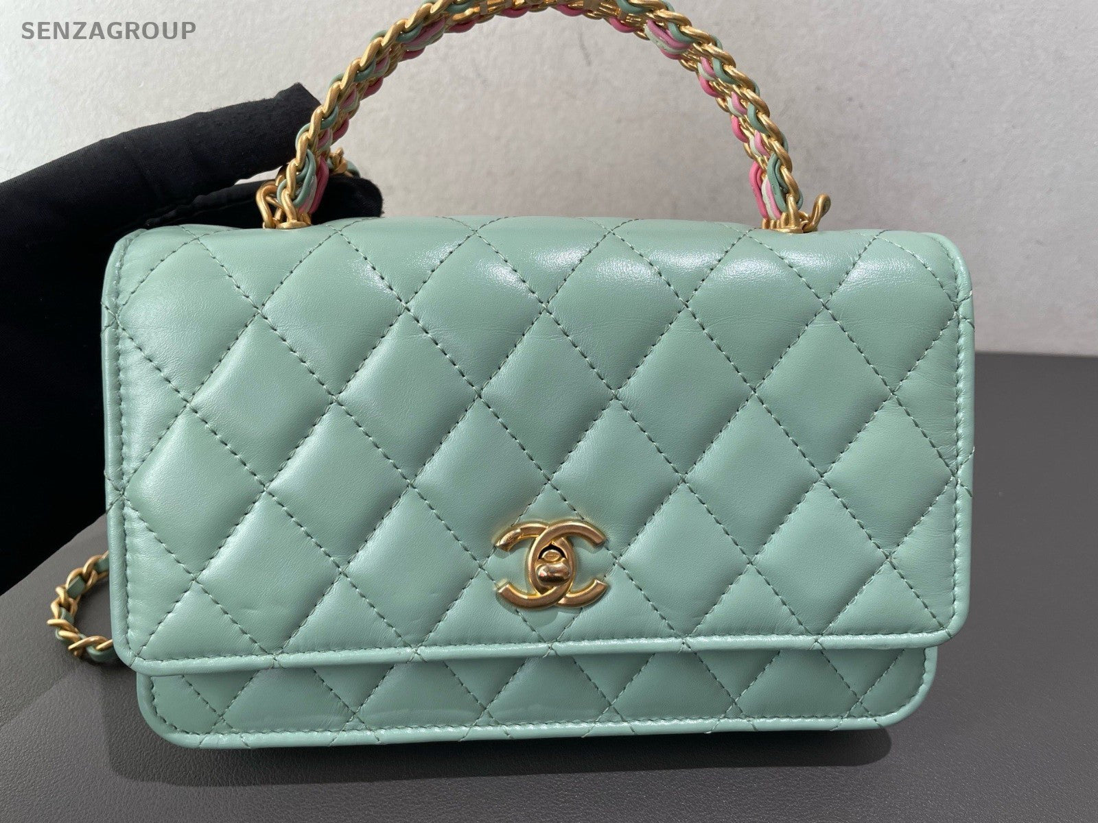 Chanel WOC Diamond Rainbow Chain Top Handle Bag Crossbody Green Gold Women