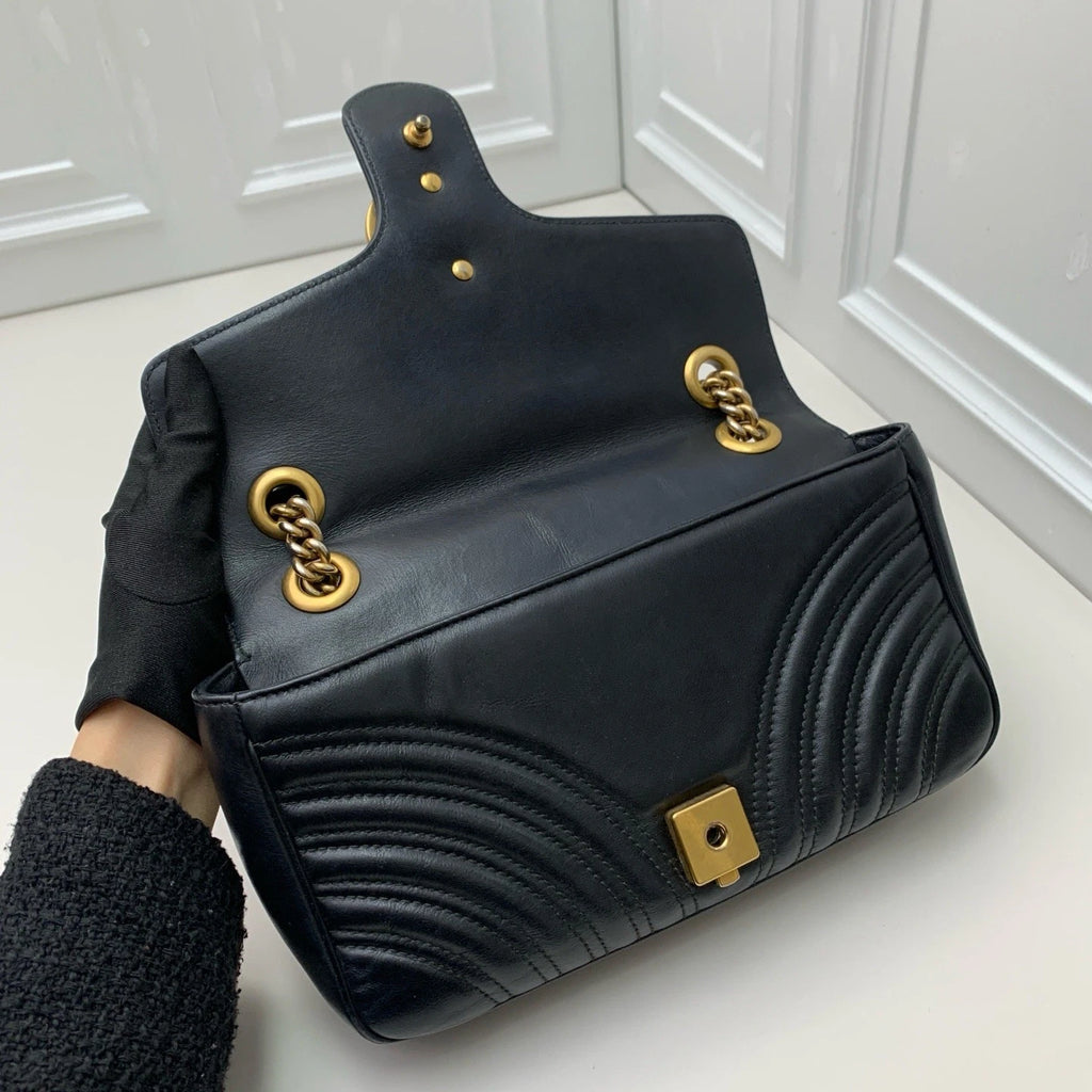 Gucci Marmont26 Chain Shoulder Bag Crossbody Black Gold Women Classic
