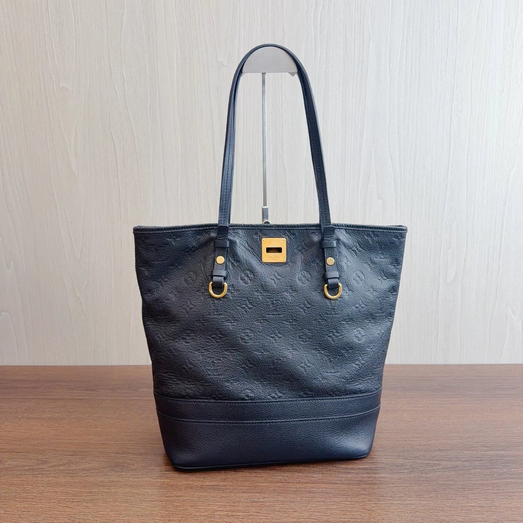 Louis Vuitton Calfskin Tote Shoulder Bag Black Gold Women Classic
