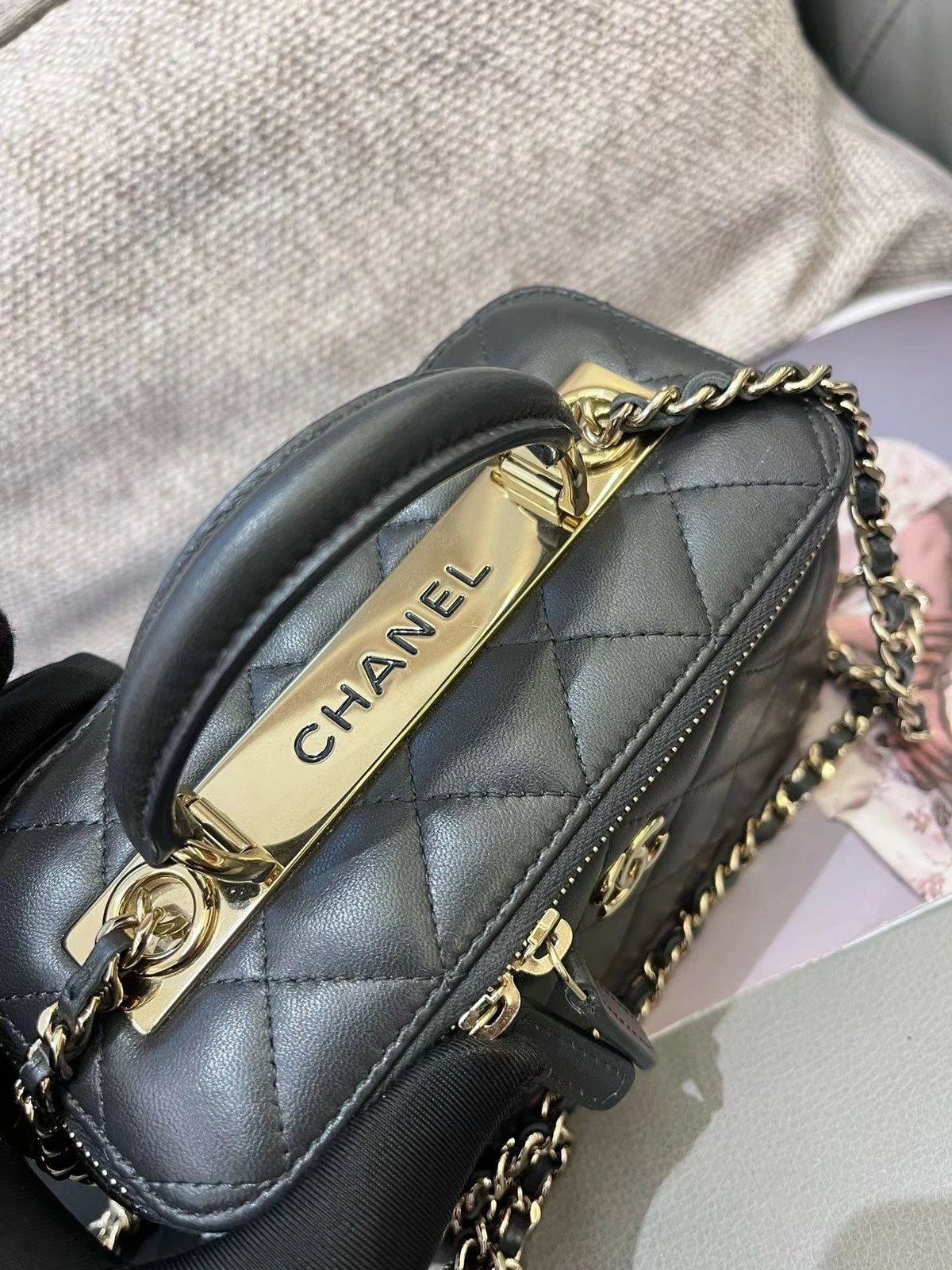 Chanel Trendy CC Lambskin Chain Top Handle Crossbody Gray Gold Women Classic