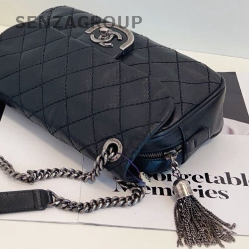 Chanel Classic Flap Calfskin Chain Shoulder Bag Silver Black Women Designer
