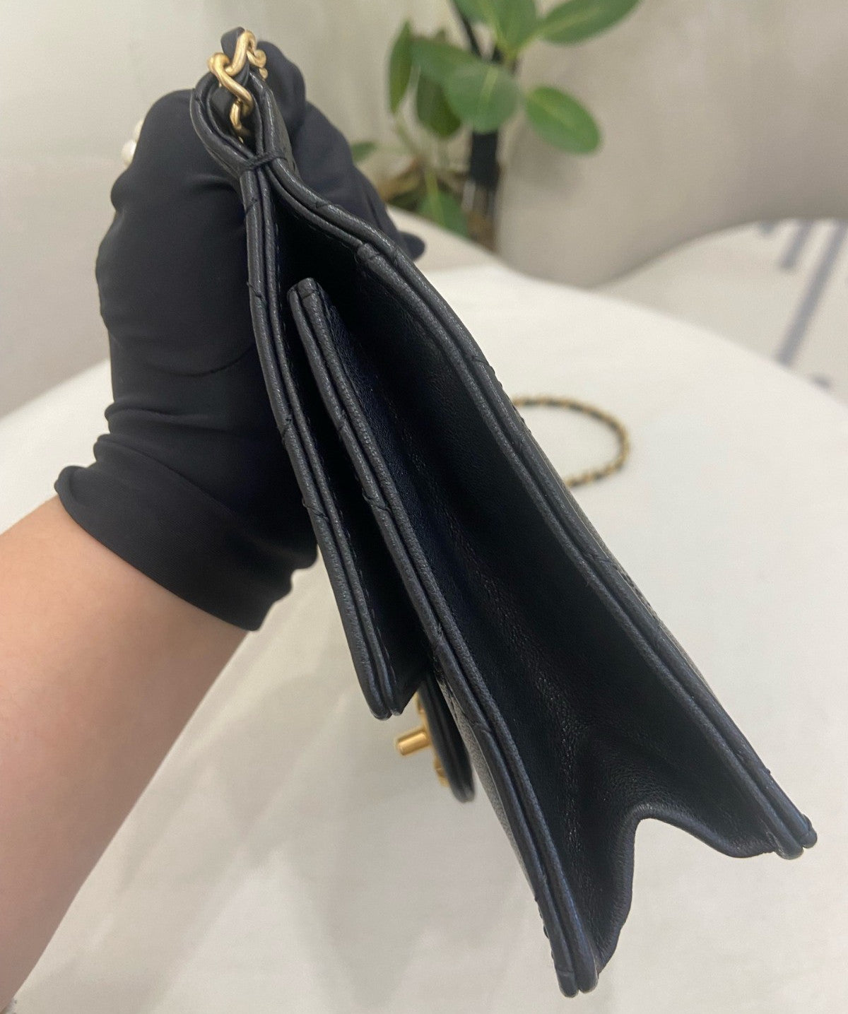 Chanel Classic Flap PM Lambskin Pearl Chain Shoulder Bag Black Gold Women