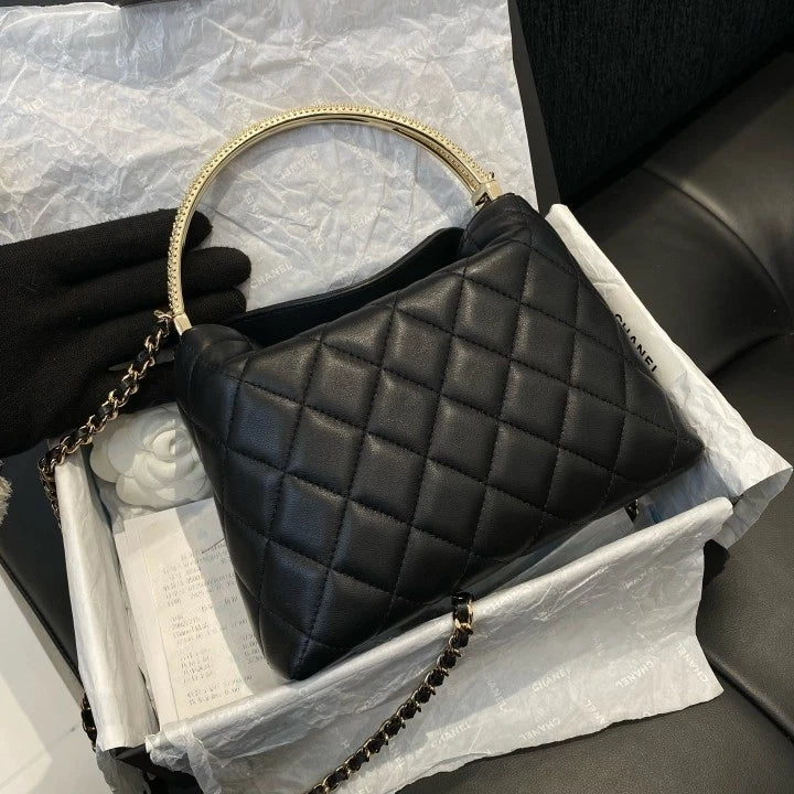 Chanel Clutch With Chain Calfskin Top Handle Crossbody Black Gold Women D