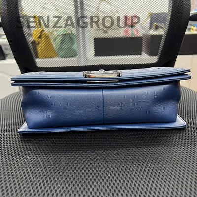 Chanel Le Boy Medium Blue Silver Calfskin Chain Shoulder Bag Classic