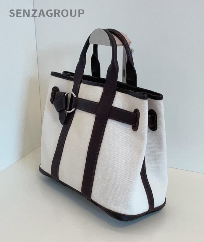 Hermes Petite GP30 Tote Top Handle Canvas Handbag White ebony black Women