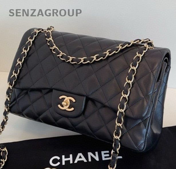 Chanel Classic Flap Lambskin Chain Shoulder Bag Crossbody Black Gold Women