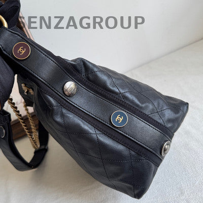 Chanel Black Gold Bucket Tote Bag Chain Shoulder Crossbody Quilted Women