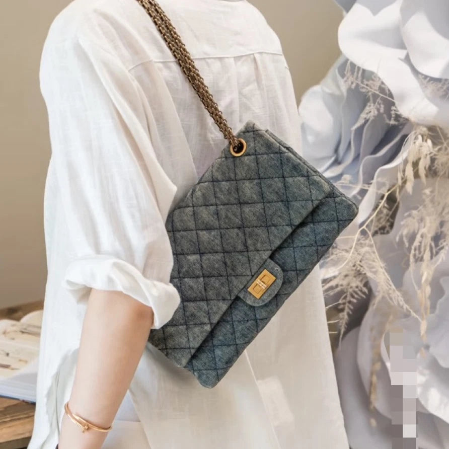 Chanel Denim Diamond Chain Shoulder Crossbody Bag Blue Gold Women S