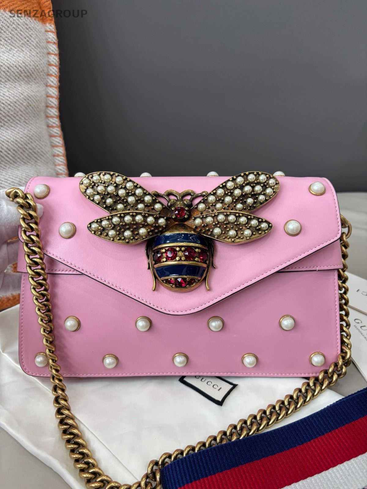 GUCCI Margaret Beer Pearl Chain Shoulder bag Crossbody Pink Women