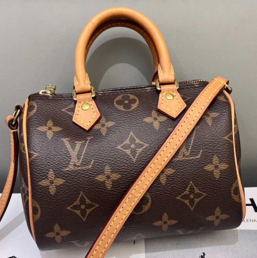 Louis Vuitton Speedy Nano Monogram Top Handle Bag Crossbody Brown Gold Women