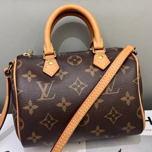 Louis Vuitton Speedy Nano Monogram Top Handle Bag Crossbody Brown Gold Women