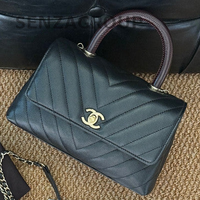 Chanel Coco Handle Small Black Gold Chevron Chain Shoulder Bag