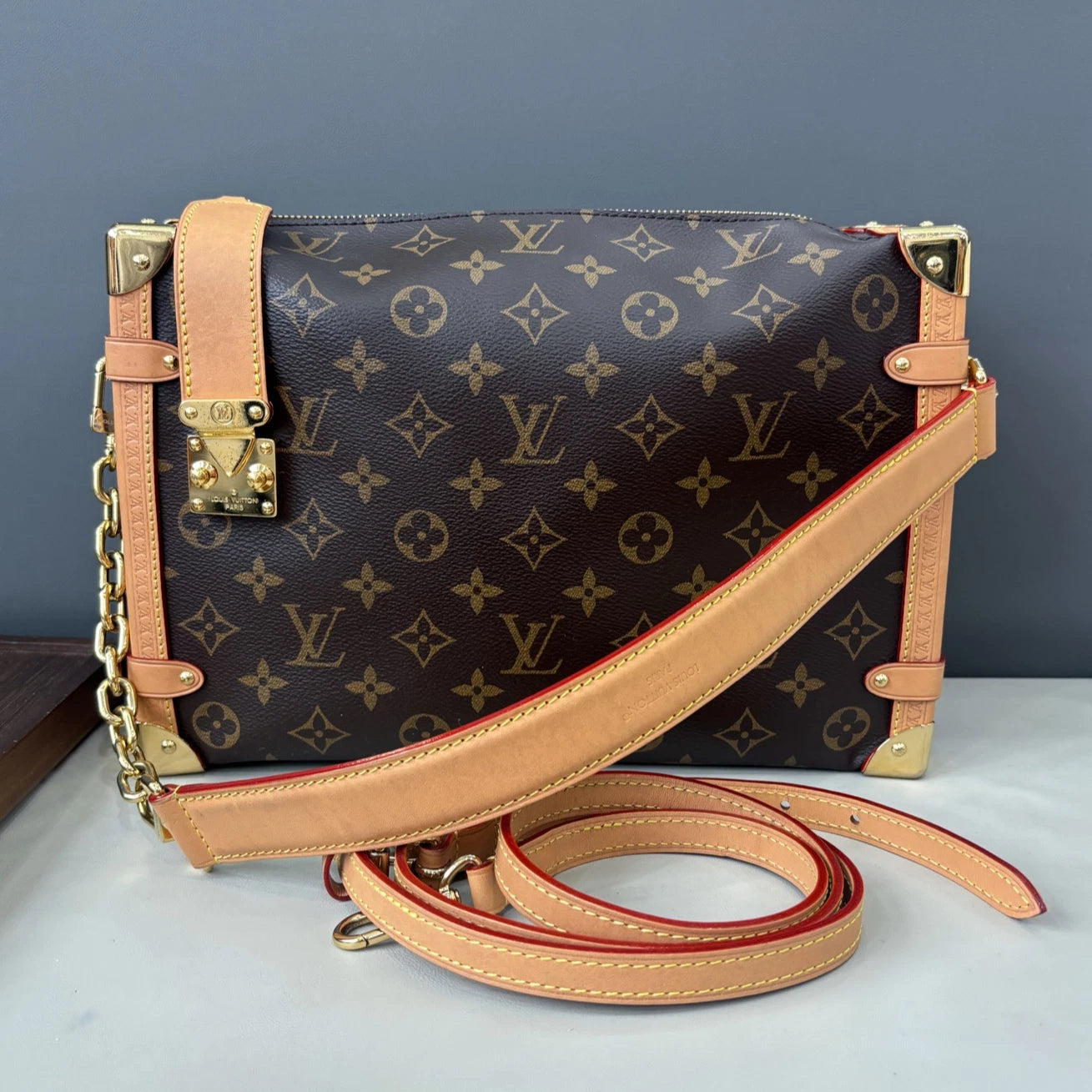 Chip Version Louis Vuitton Side Trunk GM Monogram Canvas Handbag Crossbody Gold