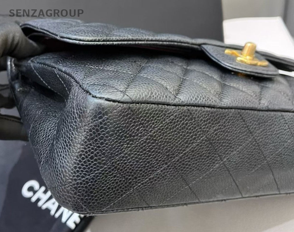 Chanel Classic Flap MM Chain Shoulder Bag Black Gold Diamond Women Fashion