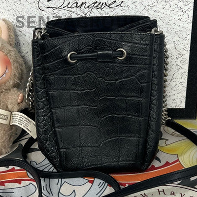 YSL Saint Laurent Black Silver Fringe Drawstring Bucket Bag Chain Crossbody