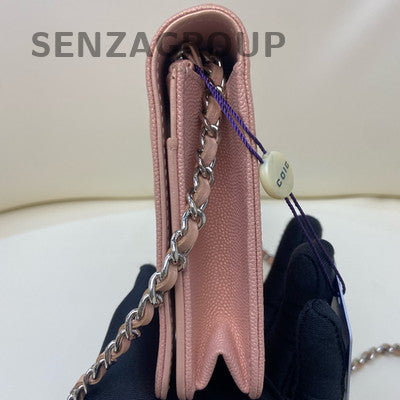 Chanel Pink Silver Hardware V-Stitch WOC Calfskin Chain Shoulder Bag