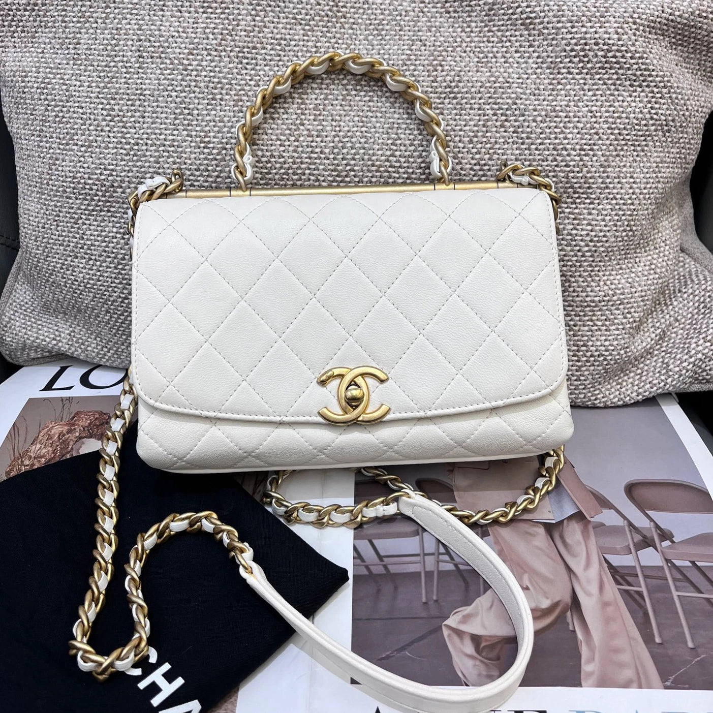 Chanel Diamond Chain Top Handle Crossbody White Gold Women Classic